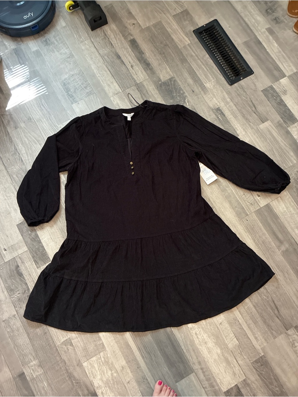 Time and Tru Black Tiered Mini Dress with Button Placket